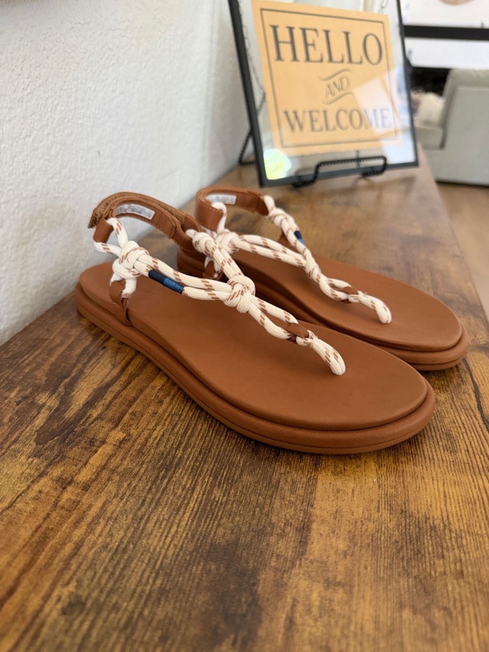 Sperry Brown Leather Sandals with White Rope Knot Straps